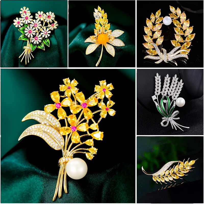 

Korean Shiny Jewelry Pearl Micro Inlaid Zircon Wheat Bouquet Brooch Pins Women's Fashion Plant Brooches Men Suit Coat Accessori