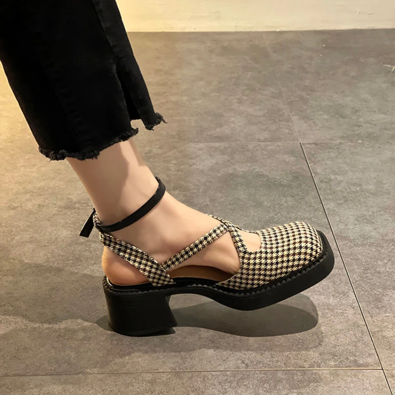 LLUUMIU women sandals 2022 summer new style simple casual temperament sandals square toe chunky heel women shoes high heel