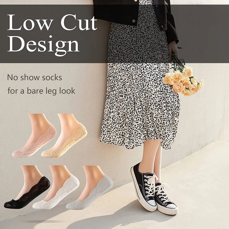 5Pairs Women Boat Socks Summer Slippers Non-slip Breathable Lace Lace Invisible Sock Sexy Non-slip Cool Thin Socks Fashion Sock