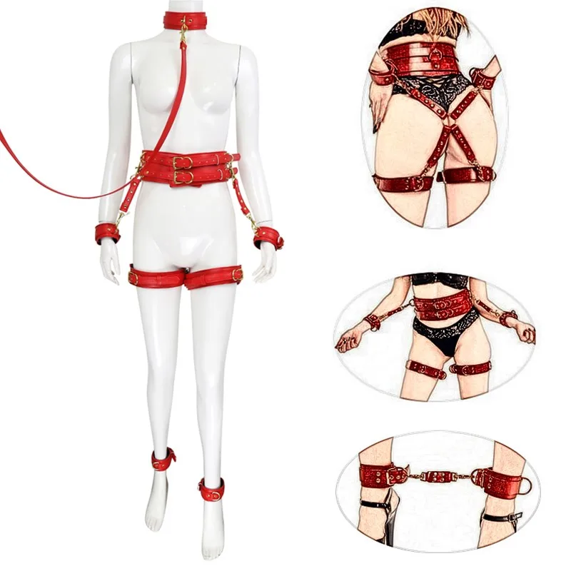 

BDSM Bondage Gear Full Body Harness Belts Leather Collar Handcuffs & Waist Thigh Restraints Cuffs Fetish Slave Slut Sex Toys