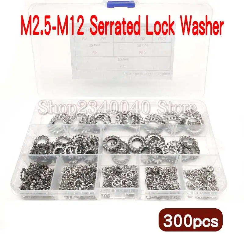 

304 Stainless Steel External Tooth Star Lock Washers Assortment Kit M2.5 M3 M4 M5 M6 M8 M10 M12 Shakeproof Star Gasket 300pcs
