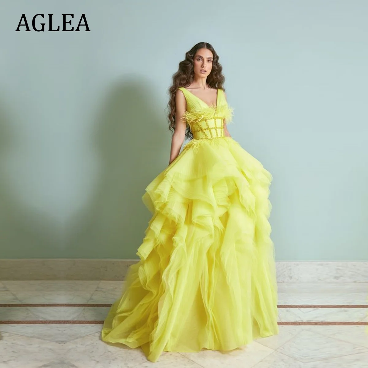 

AGLEA Evening Dresses Formal Occasion Elegant Party for Women Prom Floor Length V-neck Empire A-line Feathers Ruffle