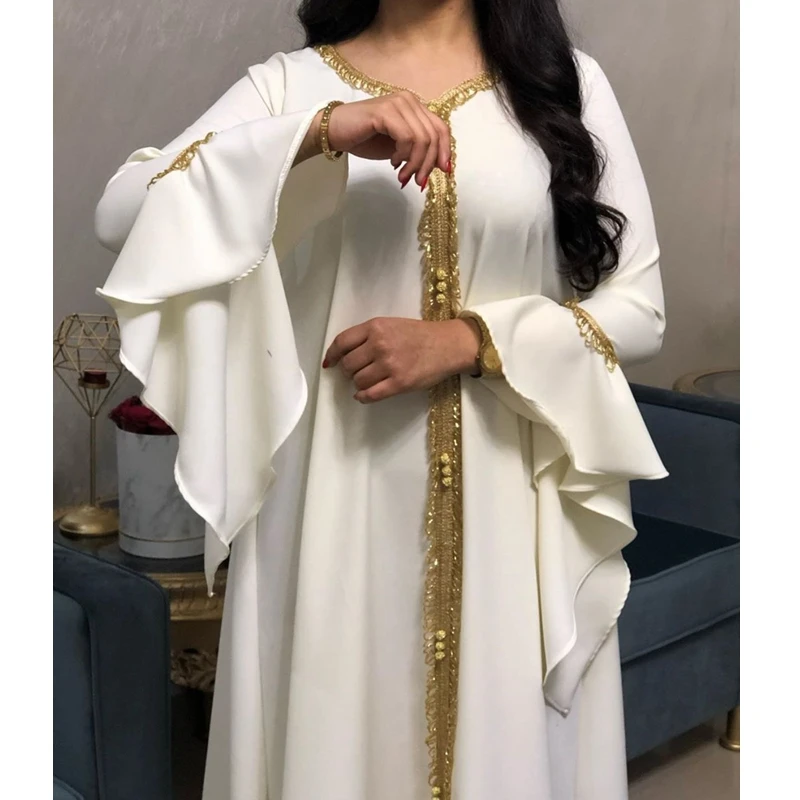 Платье-абайя Mandylandy на Ближний Восток, женское платье с рукавами с оборками и золотой вышивкой, мусульманское кружевное платье Jalabiya, мусульм...