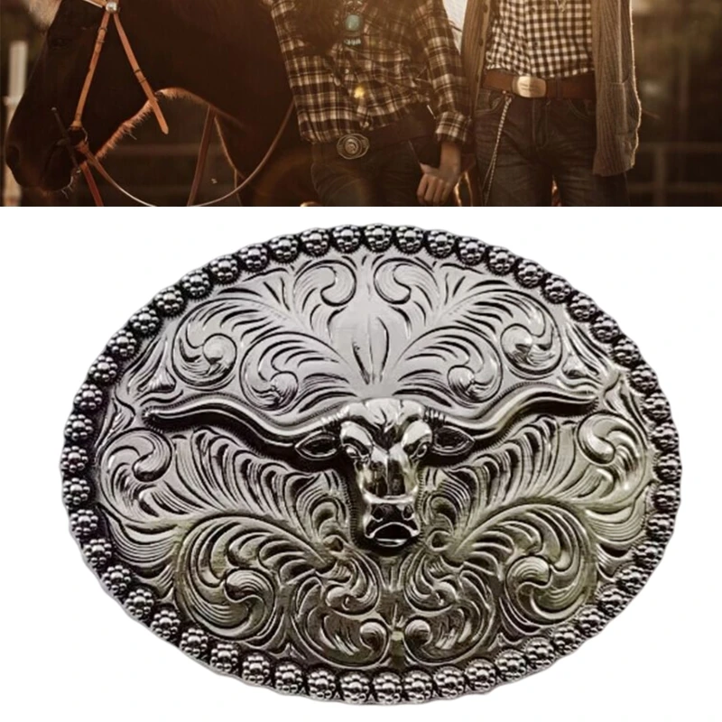 Engraved Animal Cowboy Belt Buckle Bull Heads Western Belt Buckle for Men Women Suitable for Belt Width 1.50-1.57 inch
