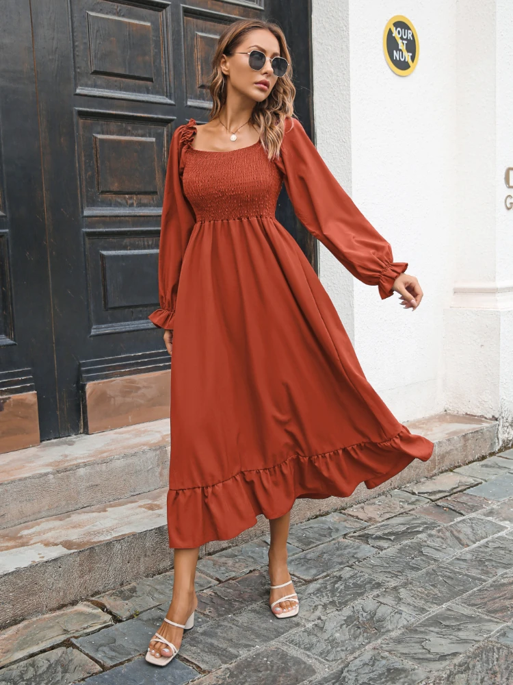 

Elegant Long Dresses for Women Spring Korean Fashion New In Long-sleeved Dress Temperament Lantern Sleeve Pure color party Robe