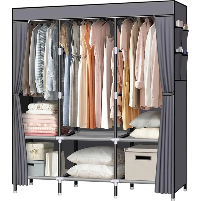 

Portable Closet, 61-Inch Portable Wardrobe with 3 Hanging Rods and 6 Storage Shelves, Non-Woven Fabric, Stable and Easy Assembly