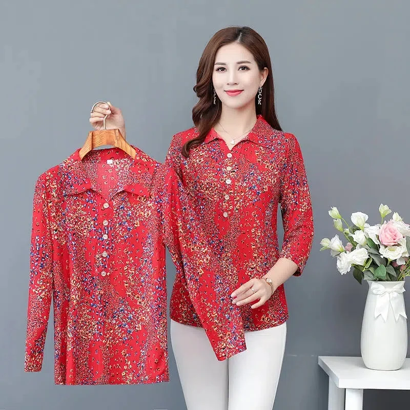 

Middle-Aged Elderly Blouse Women New Bottoming Shirt Spring Summer 2023 Mothers Coat Large Size Long-Sleeved T-Shirt Tops Female