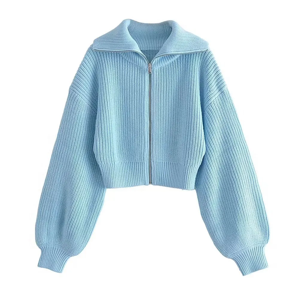

Autumn and Winter New Fashion Women's Casual Sweet Versatile Lapel Zipper Balloon Sleeve Knitted Sweater Cardigan