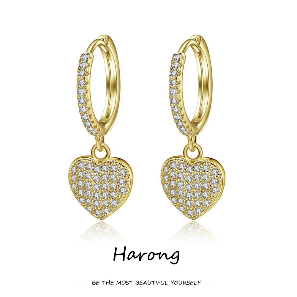 

Harong Trendy Hoop Earrings Copper Metal Gold Heart Zircon Crystal Pendants Drop Earring Jewelry Gifts for Women Party Wedding