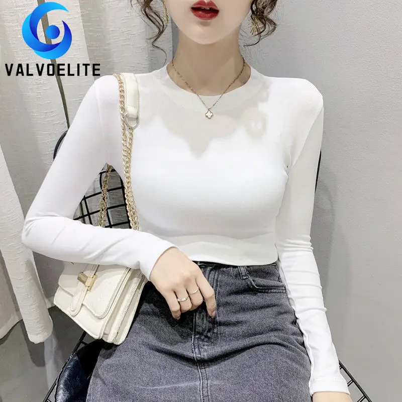 

2022 Spring Autumn New Woman Round Neck Long-sleeved T-shirt Slim Fit and Thin All-match Bottoming Shirt Solid Color Tight Top