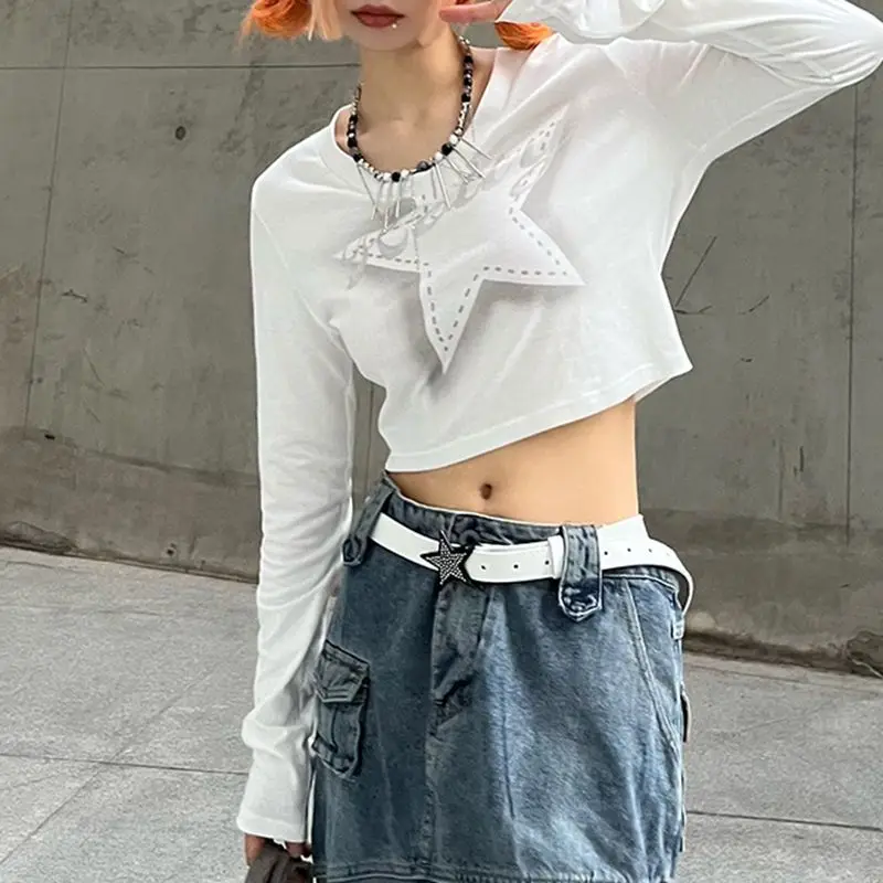 

O Neck High Waist Show Belly Navel Crop Top Sexy Star Print All-match Camisetas Y2k Clothes Slim Long Sleeve Women T-shirts