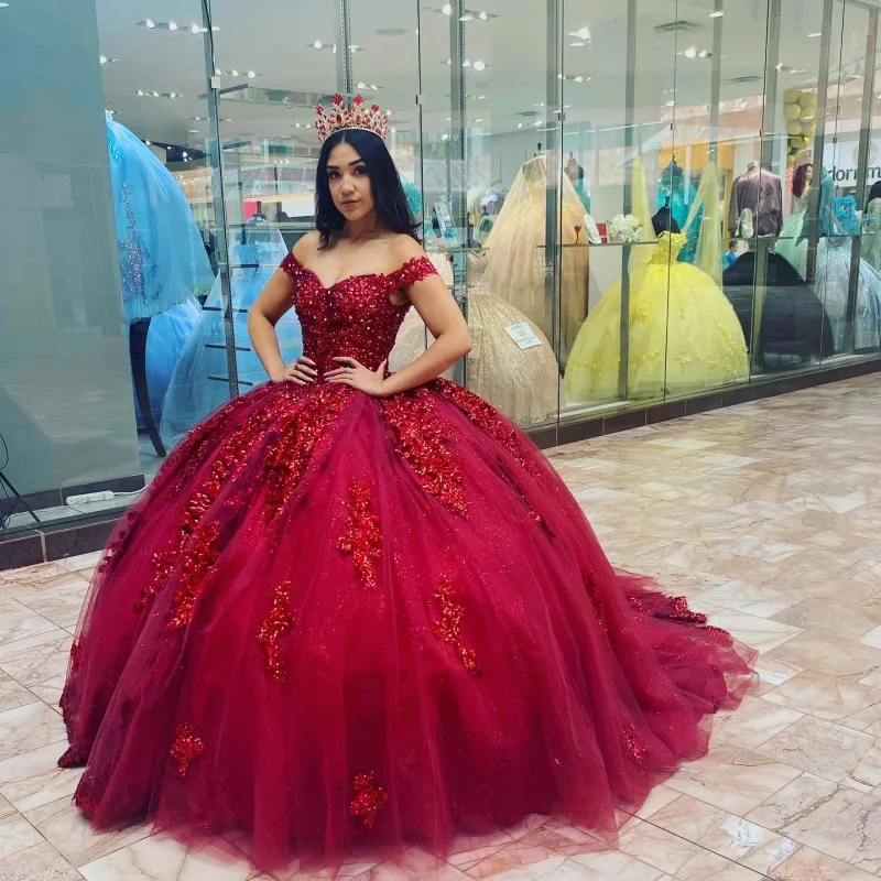 

Burgundy Off-Shoulder Ball Gown Sweet 15 16 Beaded Quinceanera Dresses Appliques Lace Beading Glitter Tulle Birthday Party Gowns