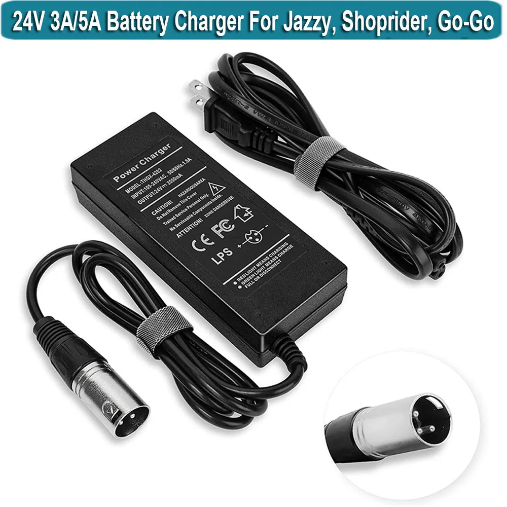 24V 3A 3-Pin XLR Connector Electronic Scooter Battery Charger for Go-Go Elite Traveller, Jazzy Power Chair Battery Charger