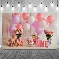 1st Birthday Photography Backgrounds Baby Sweet Pink Balloons Bear Toys Flowers Cake Children Backdrops Photographic Portrait