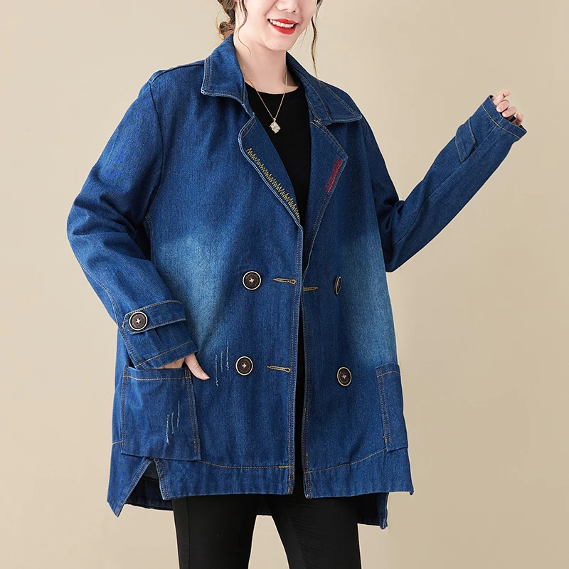

SuperAen Denim Coat Autumn New Style Women's Medium Long Style Korean Loose Casual Windbreaker Coat