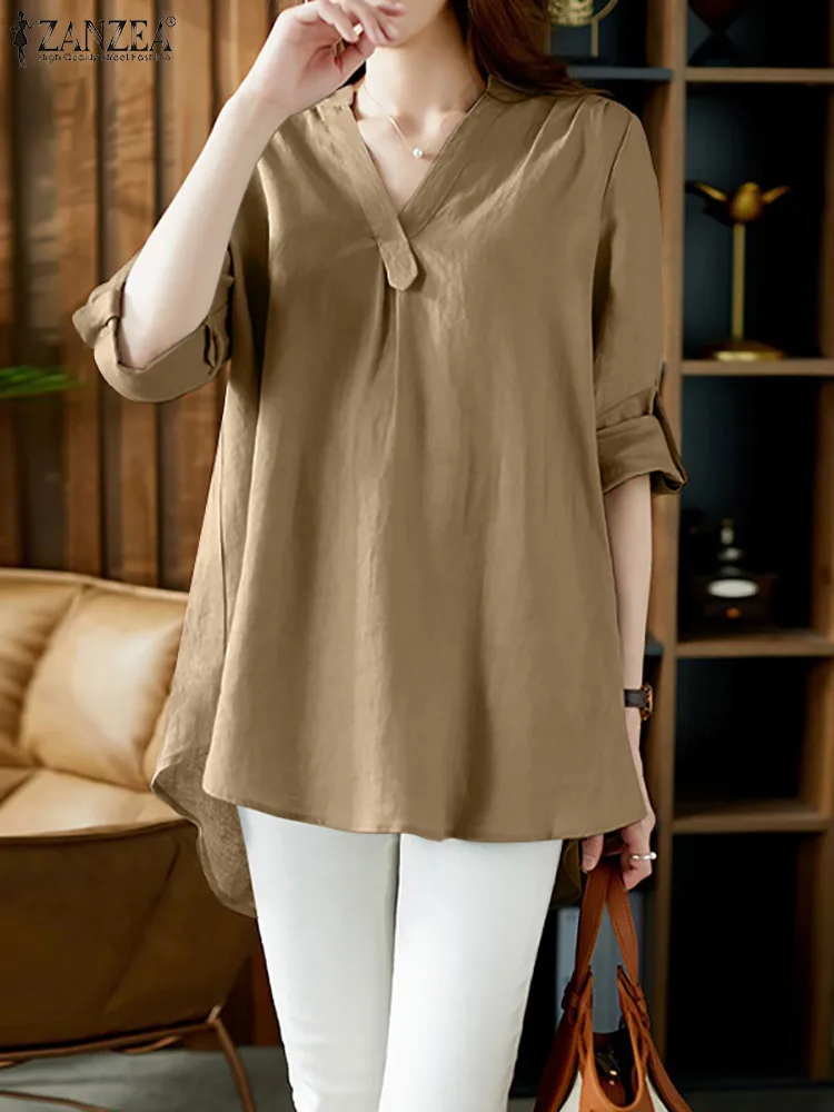 

Женские стильные однотонные рубашки большого размера, модель ZANZEA 2022 года, повседневные блузы с длинным рукавом, Женская туника с V-образным ...