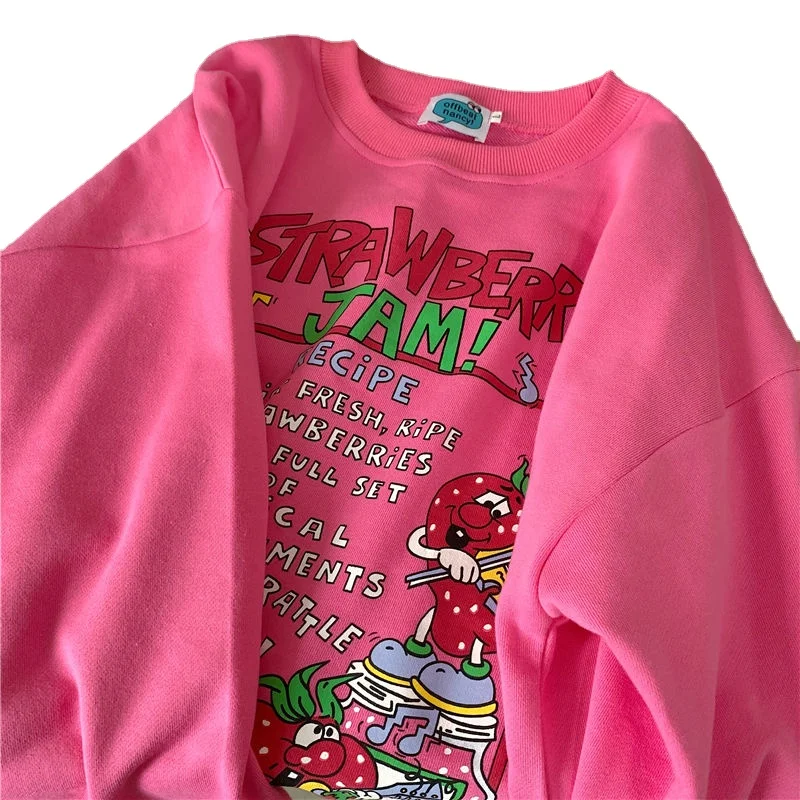 

M-2XL New Harajuku Retro Top Strawberry Print Hoodie Women Loose Streetwear Sweatshirt American Retro Oversized Pullover