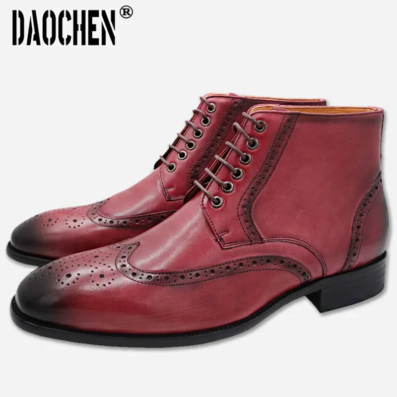 Ботильоны мужские из натуральной кожи роскошные полусапожки броги на шнуровке