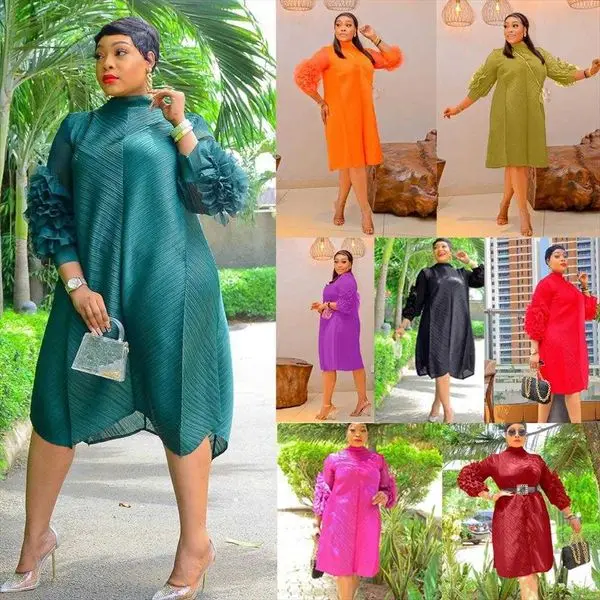 

Long Sleeve Plus Size Womens Dress Petal Pleated Swing Midi Without Belt