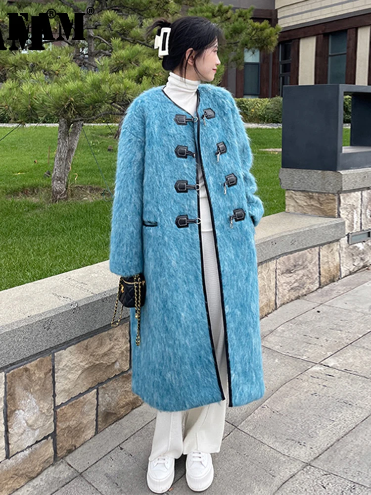 

[EAM] Loose Fit Blue Horn Buckle Big Size Woolen Coat Parkas New Long Sleeve Women Fashion Tide Autumn Winter 2022 1DE4444