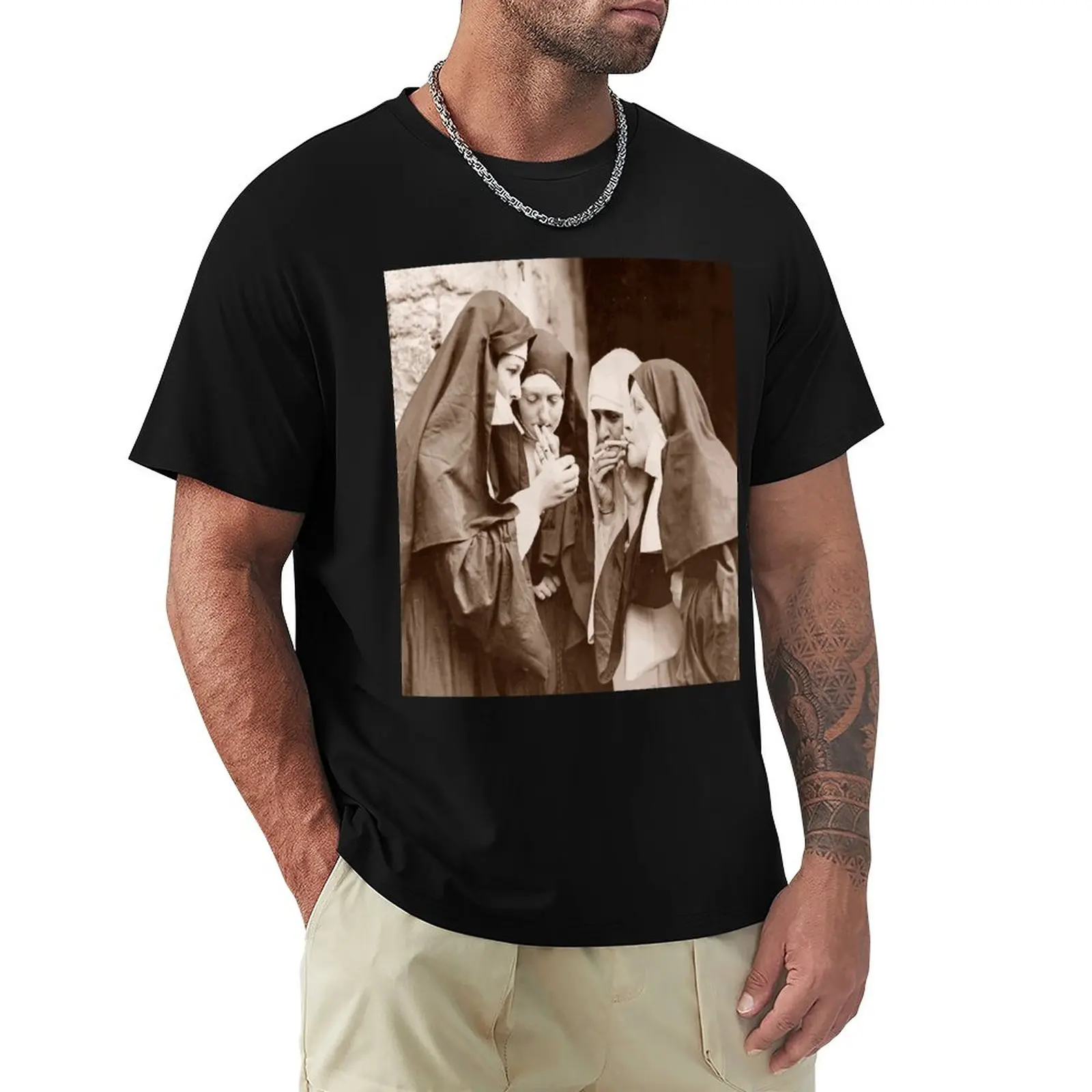

Nuns Smoking Sepia Aesthetic T Shirt Men Women's Cotton Humorous T-Shirt Crew Neck Tees Short Sleeve Tops Printing