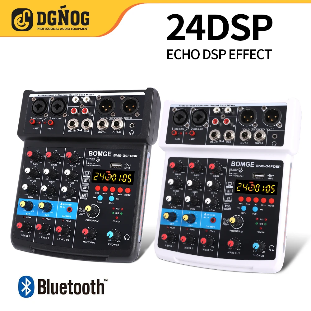 

4ch Sound Mixer DJ Mixing Console With 24 Echo DSP Bluetooth 48V Phantom Power Monitor Karaoke System 5V USB Mixer Audio