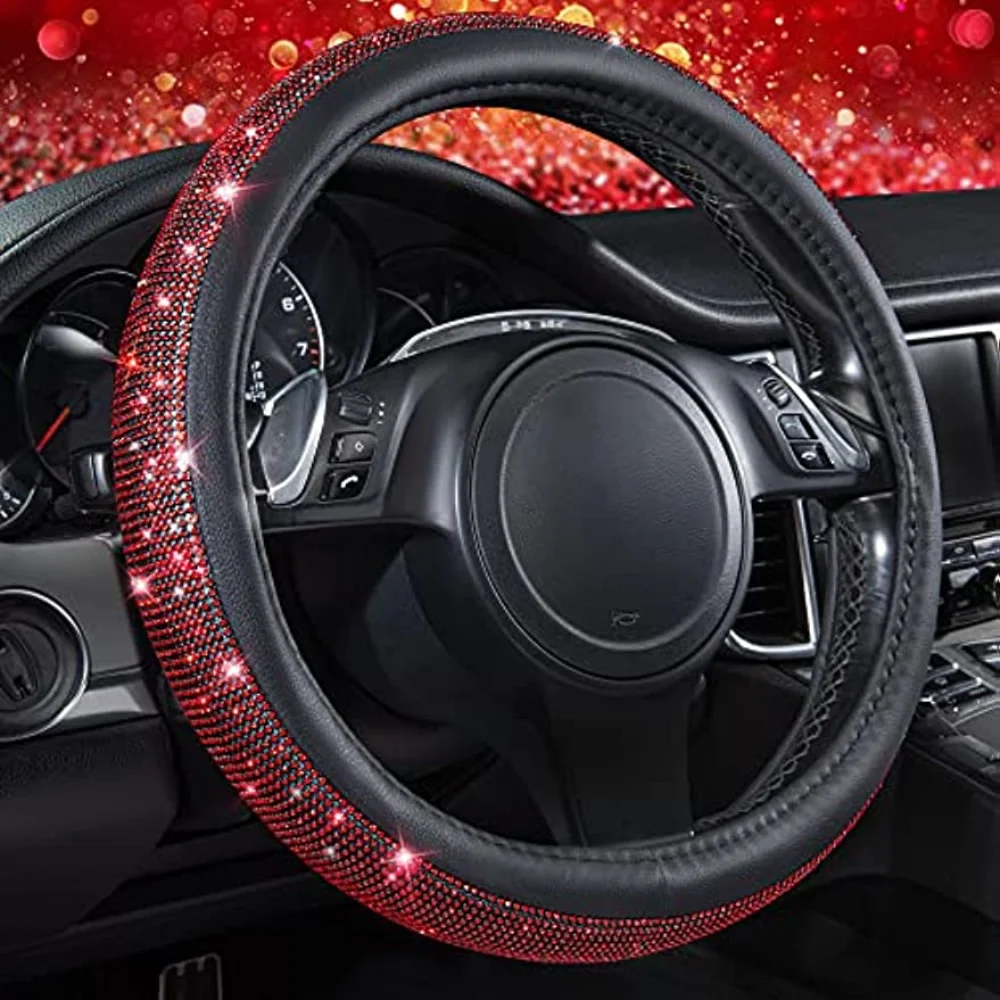 

38cm CAR PASS Red Diamond Black Leather Steering Wheel Cover With Bling Crystal Rhinestones Universal
