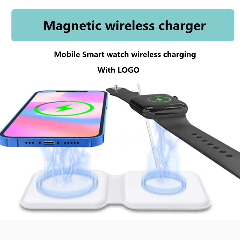 15W Magnetic Wireless Charger For iPhone 12 13 14 Xiaomi Huawei Smart Apple iWatch With LOGO Folding Double Fast Charging Base