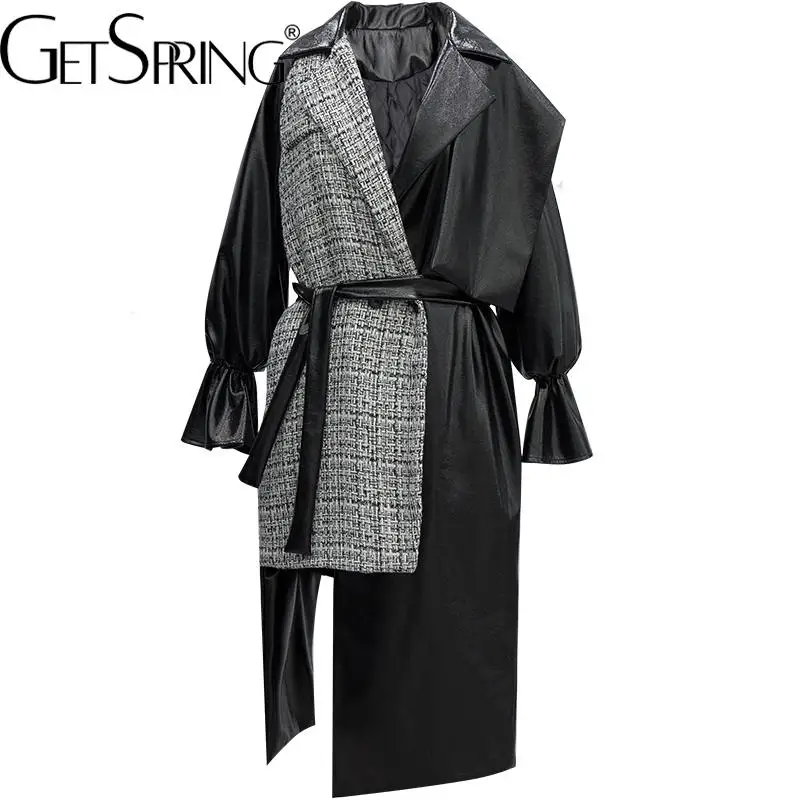 

GetSpring Women Leather Coat 2022 Winter Tweed Spliced Irregular Quilted PU Jacket Lace Up Asymmetrical Loose Long Overcoat New