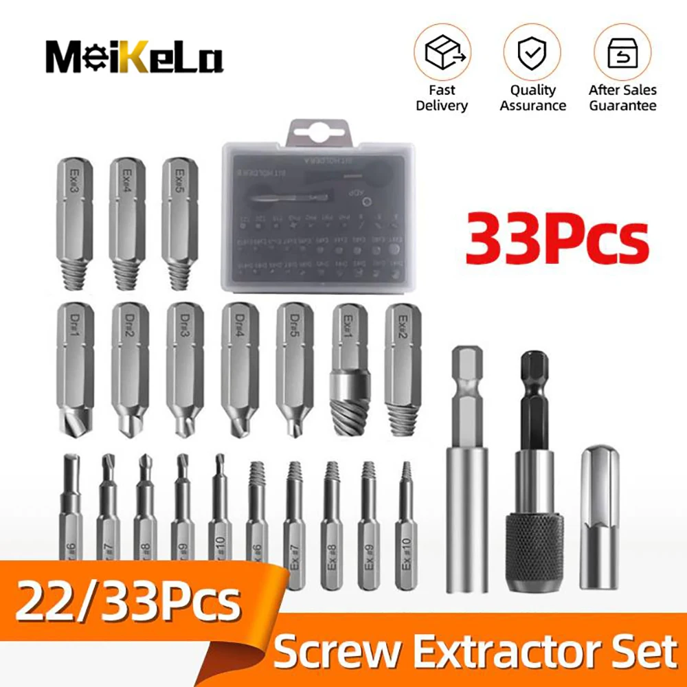 Meikela 22 / 33Pcs Damaged Screw Extractor Drill Set Stripped Screwdriver Extractor Kit for Broken Bolt Extractor Magnetic head