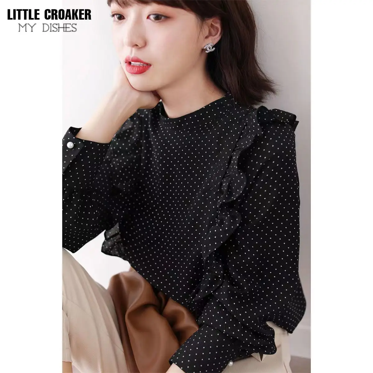 

Long Sleeves Shirt Women Navy Collar Embroidered Shirts Solid Large Lapel Design V-neck Tops French Elegant Blouses Clothes