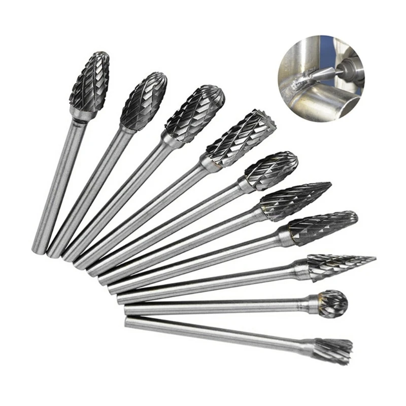 

10pcs Tungsten Head Hard Alloy Rotary File Grinding Head Set Woodworking Carving Milling Cutter Tool 517A