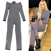 chic geometric jacquard jumpsuit long sleeves with belt high neck celebrity party club bandage jumpsuit