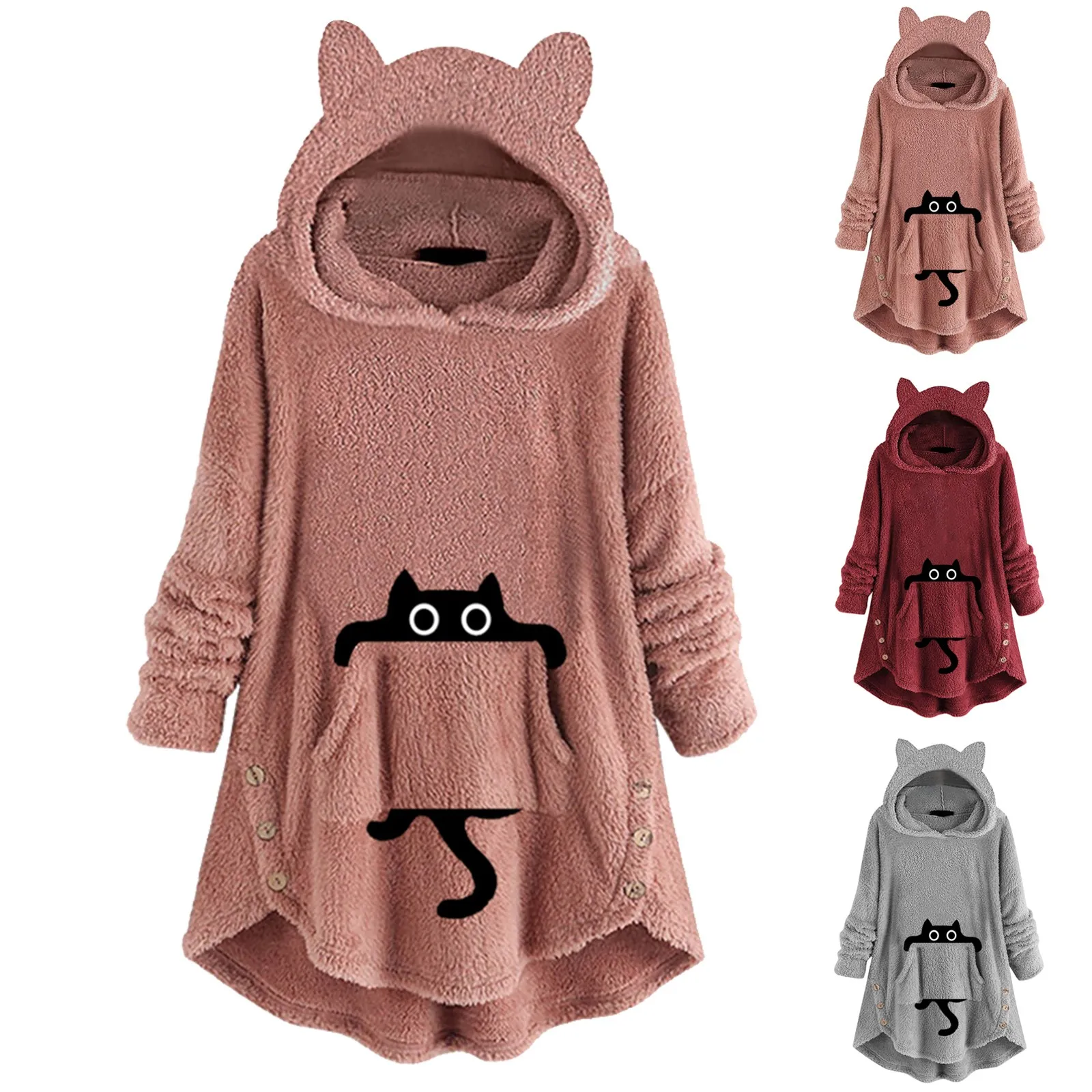 

Hoodies Size Large Womens Fleece Ear Pullover Women'S Hoodies With Button Top Long Sleeve Cute Pockets Printed Cat Hoodie