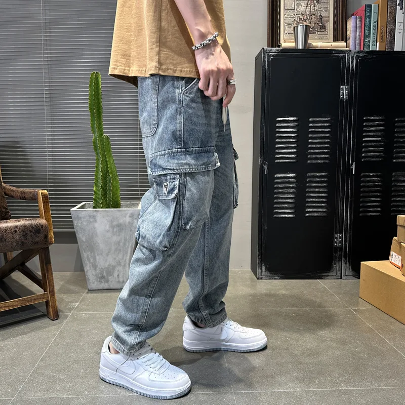 Fashion Designer Men Jeans Loose Fit Retro Blue Multi Pockets Casual Wear Denim Harem Pants Hombre Street Hip Hop Wide Leg Jeans