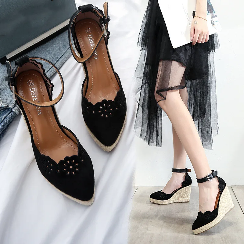 

Wedge shoes new sandals hollow single shoes women's fashion pointed toe high heels thick bottom straw woven shoes women