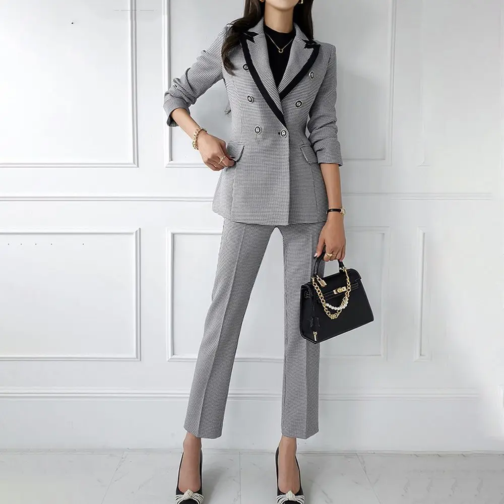 Elegant Plaid Pants Suits For Women Double Breasted Slim Blazers & High Waist Pencil Trousers 2 Pieces Fashion Female Clothing