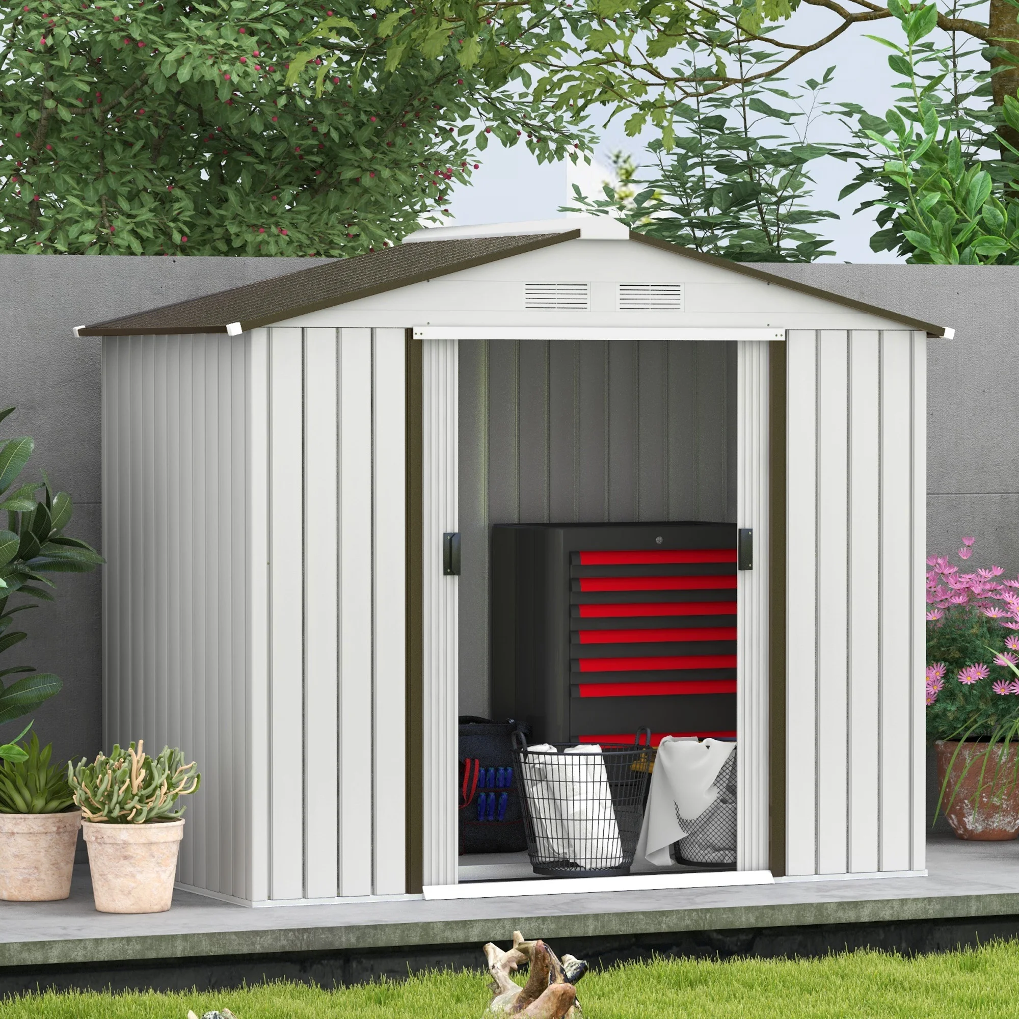 Cobertizo de jardín Outsunny 213×130×185 cm, 2 puertas correderas y 4 ventanas