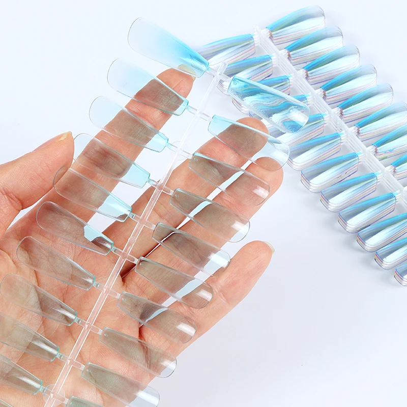 

24Pcs Artifical Nails Translucent Jelly Color Coffin Armor Fake Press On Nails False Short Stiletto Full Cover French Nail Tips