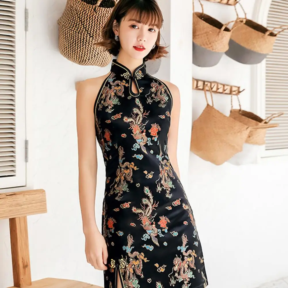 

Современное женское мини-платье Чонсам с разрезом скрытой молнией