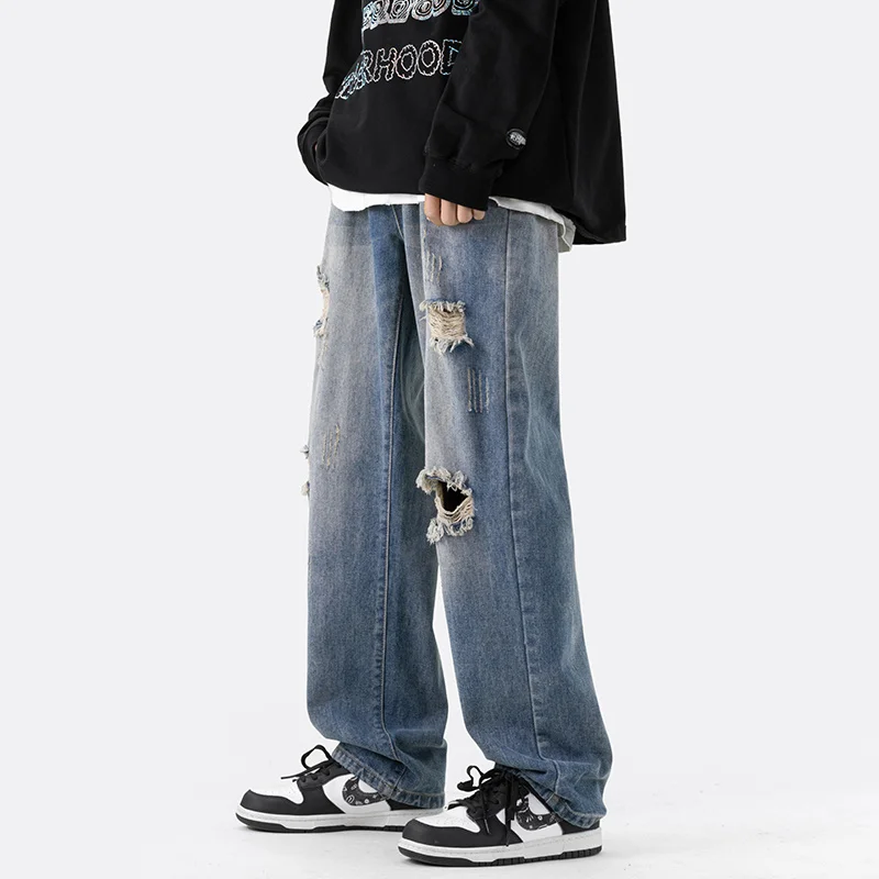 Summer Blue Ripped Baggy Jeans Men Fashion Retro Straight Jeans Men Streetwear Hip-hop Loose Hole Denim Pants Mens Trousers