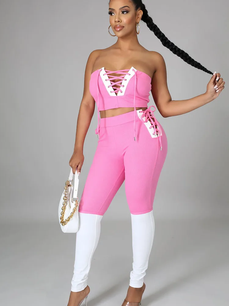 

Znaiml Lace-up Crop Top and Pants Sets Summer Sweat Suits Color Patchwork Bandage 2 Piece Set Women Sexy Party Club Outfits