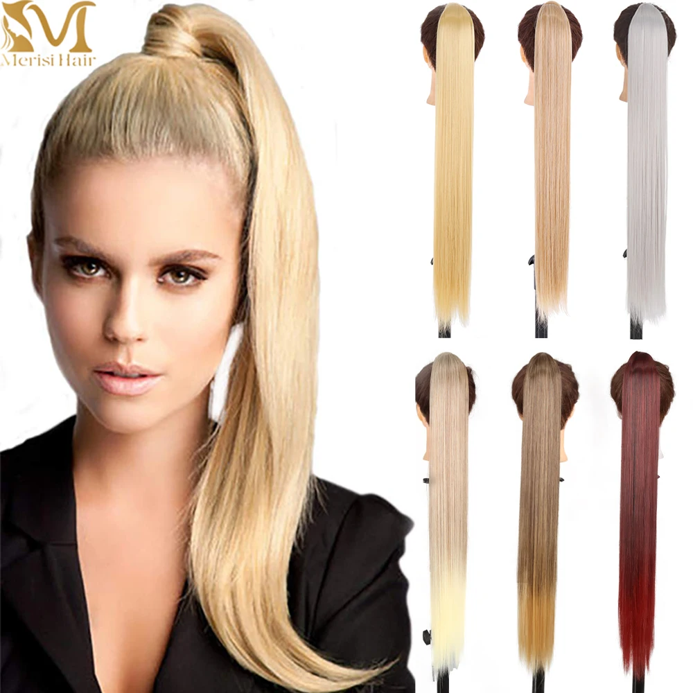 

MERISIHAIR Long Straight Ponytail Hair Synthetic Extensions Heat Resistant Hair 22 34inch Wrap Around Pony Hairpiece for Women