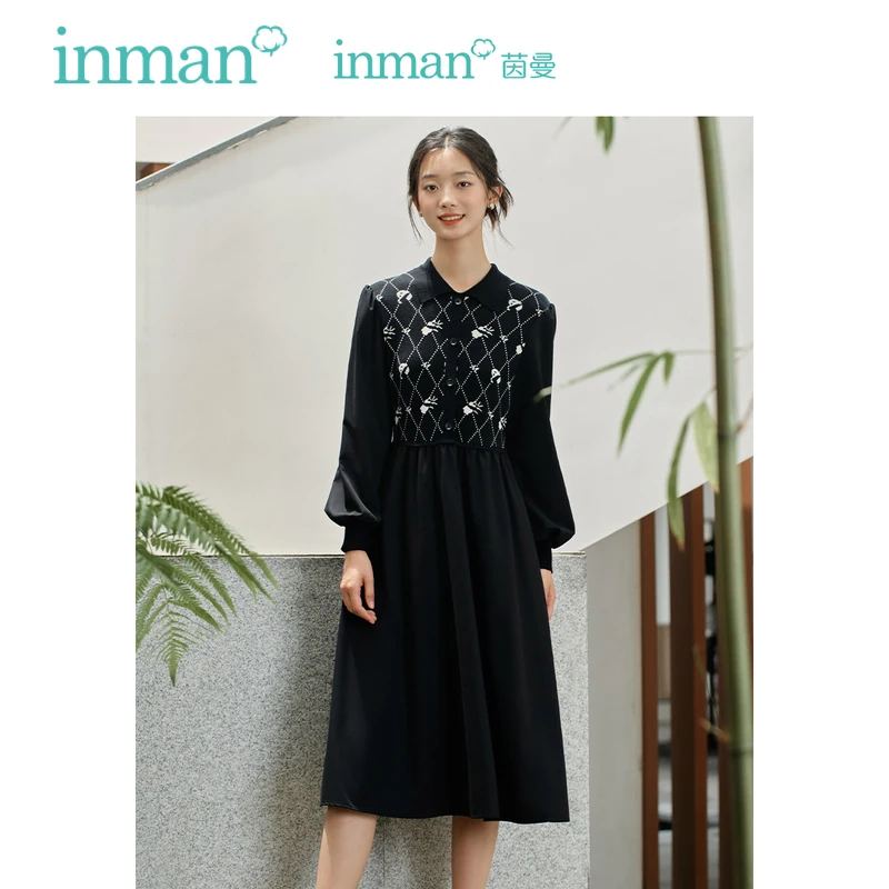 

INMAN Women Knit Dress 2023 Autumn Long Sleeve Round Neck A-shaped Panda Jacquard Chinese Style Cute Chic Black Long Skirt