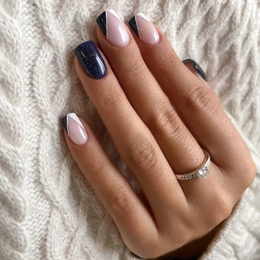 

24pcs Nail Tips Fake Nials Manicure DIY Long Square False Nails French Dark Blue