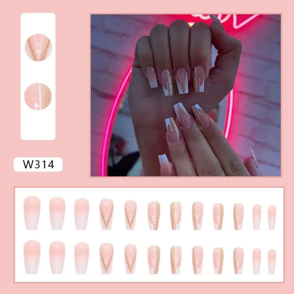 

24pcs Detachable Full Cover Press on Nails DIY Gold Powder Ballerina Long French Fake Nails