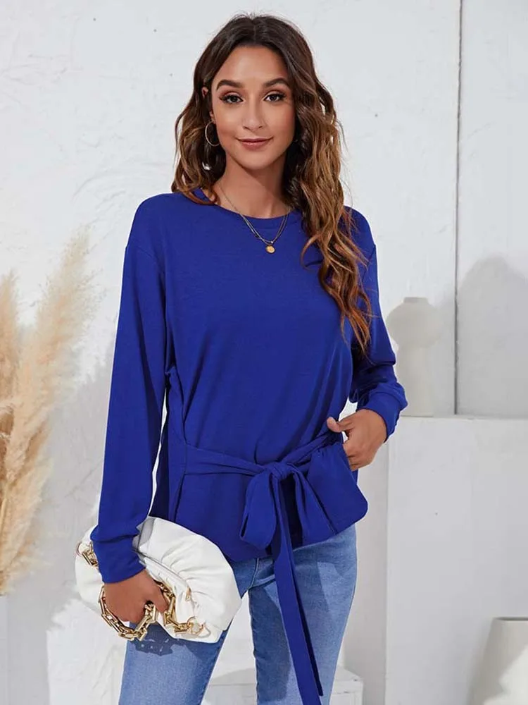 

Однотонные блузки для женщин 2022, модные однотонные элегантные офисные рубашки с круглым вырезом и длинными рукавами, топы для женщин размер...