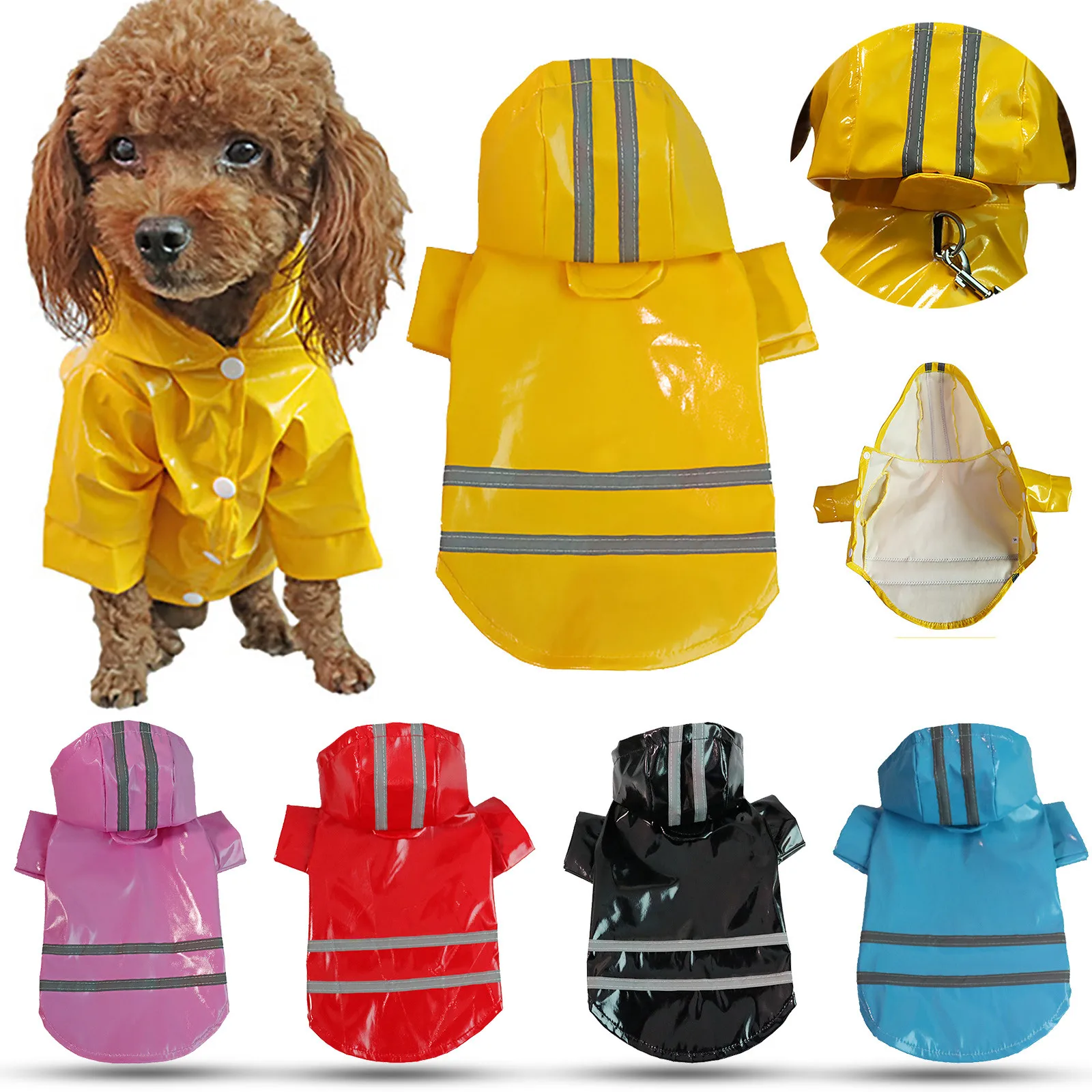 

Reflective Strip Pet Raincoat With Hood Fashion PU Self-Adjusting Belly Belt Big Dog/Little Teddy Dog Hoodies Raincoats Poncho