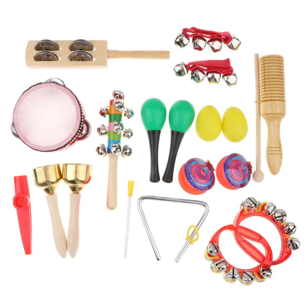 Musical Instruments 18 pcs 12 in 1 Music Rhythm Percussion Toy Set Educational for Kids Tambourine Claves Handbell Bag