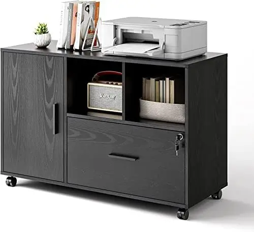 

File Cabinet with Lock, 1-Drawer Wood Lateral Filing Cabinet on Wheels, Printer Stand with Open Storage Shelves for Home Office,